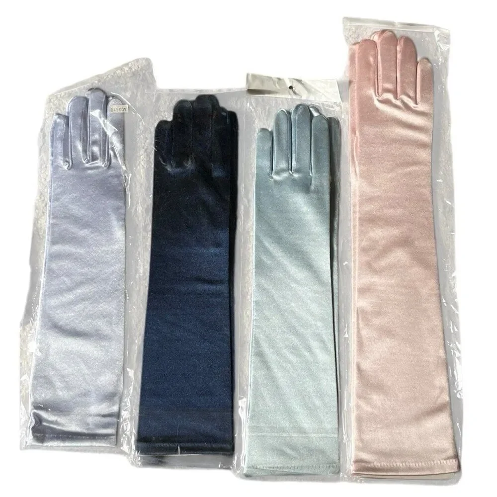 15 in Long Stretch Satin Gloves Pink Blue Lilac Prom Bridal Lot 4.One Size New